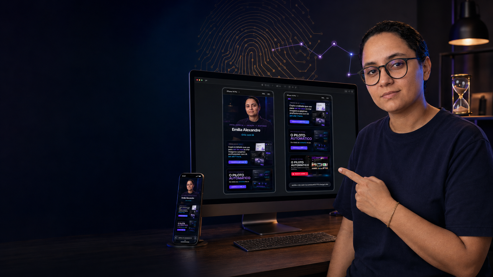 Emília apontando para a página criada com inteligência artificial em um monitor